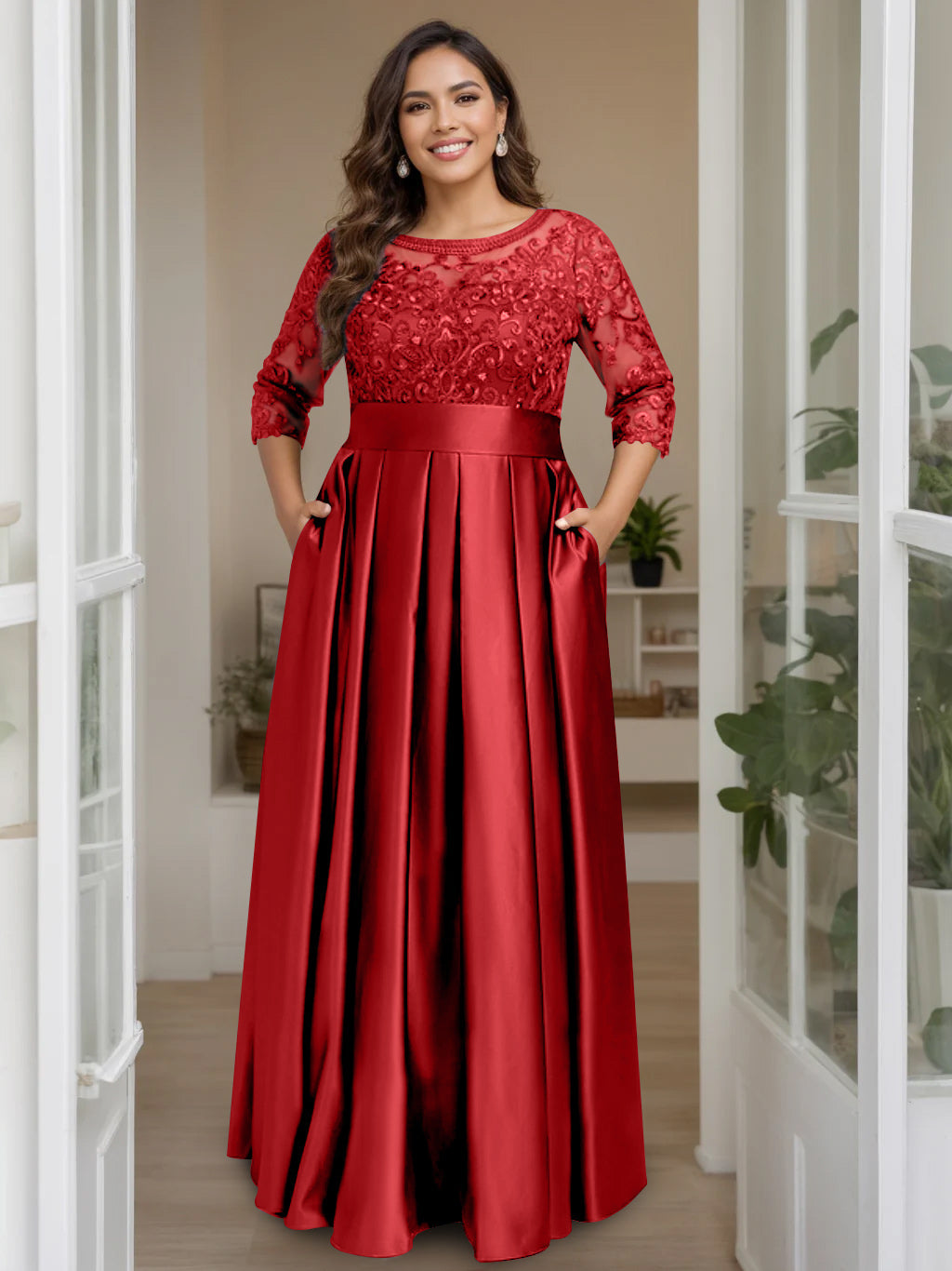 A-Line/Princess Scoop 3/4 Length Sleeves Floor-Length Plus Size Mother of the Bride Dresses with Bow & Sequins - 画像 (58)