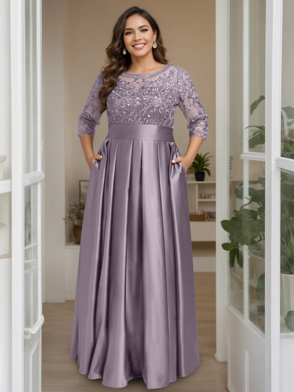 A-Line/Princess Scoop 3/4 Length Sleeves Floor-Length Plus Size Mother of the Bride Dresses with Bow & Sequins - 画像 (59)