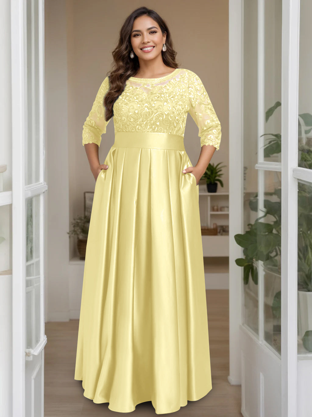 A-Line/Princess Scoop 3/4 Length Sleeves Floor-Length Plus Size Mother of the Bride Dresses with Bow & Sequins - 画像 (60)