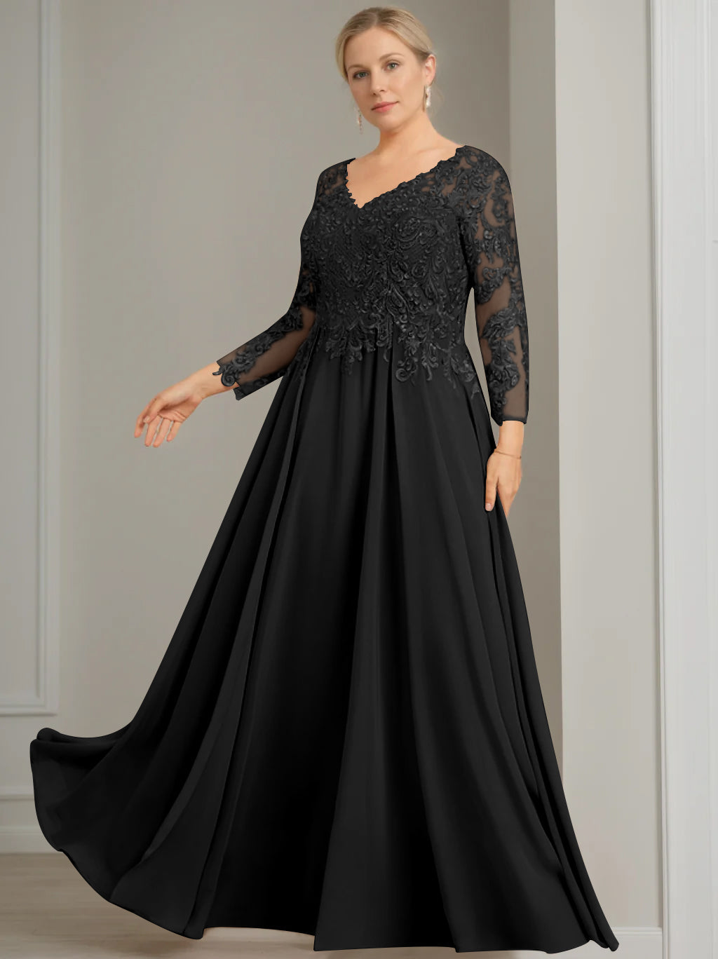 A-Line/Princess V-Neck 3/4 Length Sleeves Floor-Length Plus Size Mother of the Bride Dresses with Sequins - 이미지 3