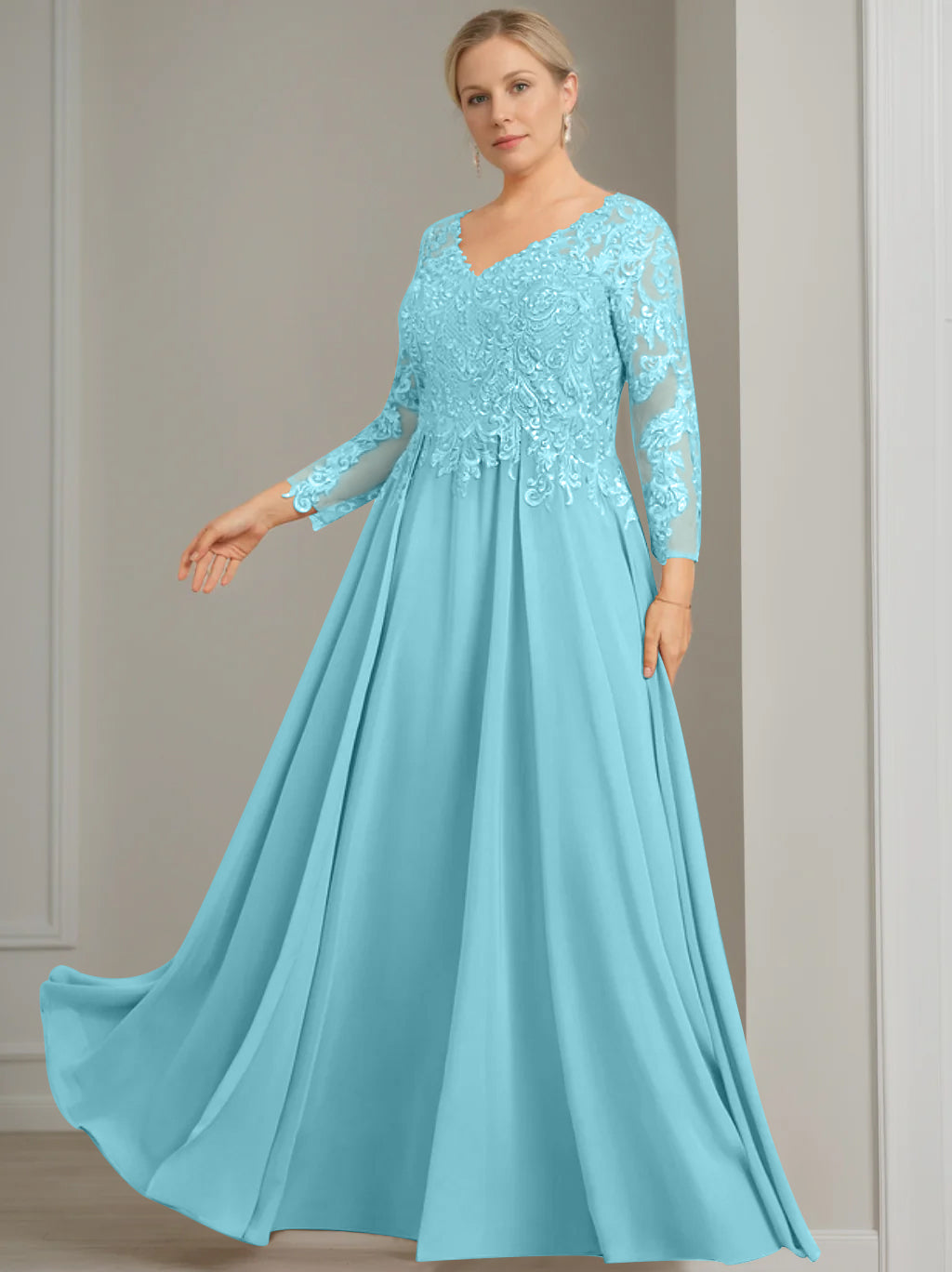 A-Line/Princess V-Neck 3/4 Length Sleeves Floor-Length Plus Size Mother of the Bride Dresses with Sequins - 이미지 22