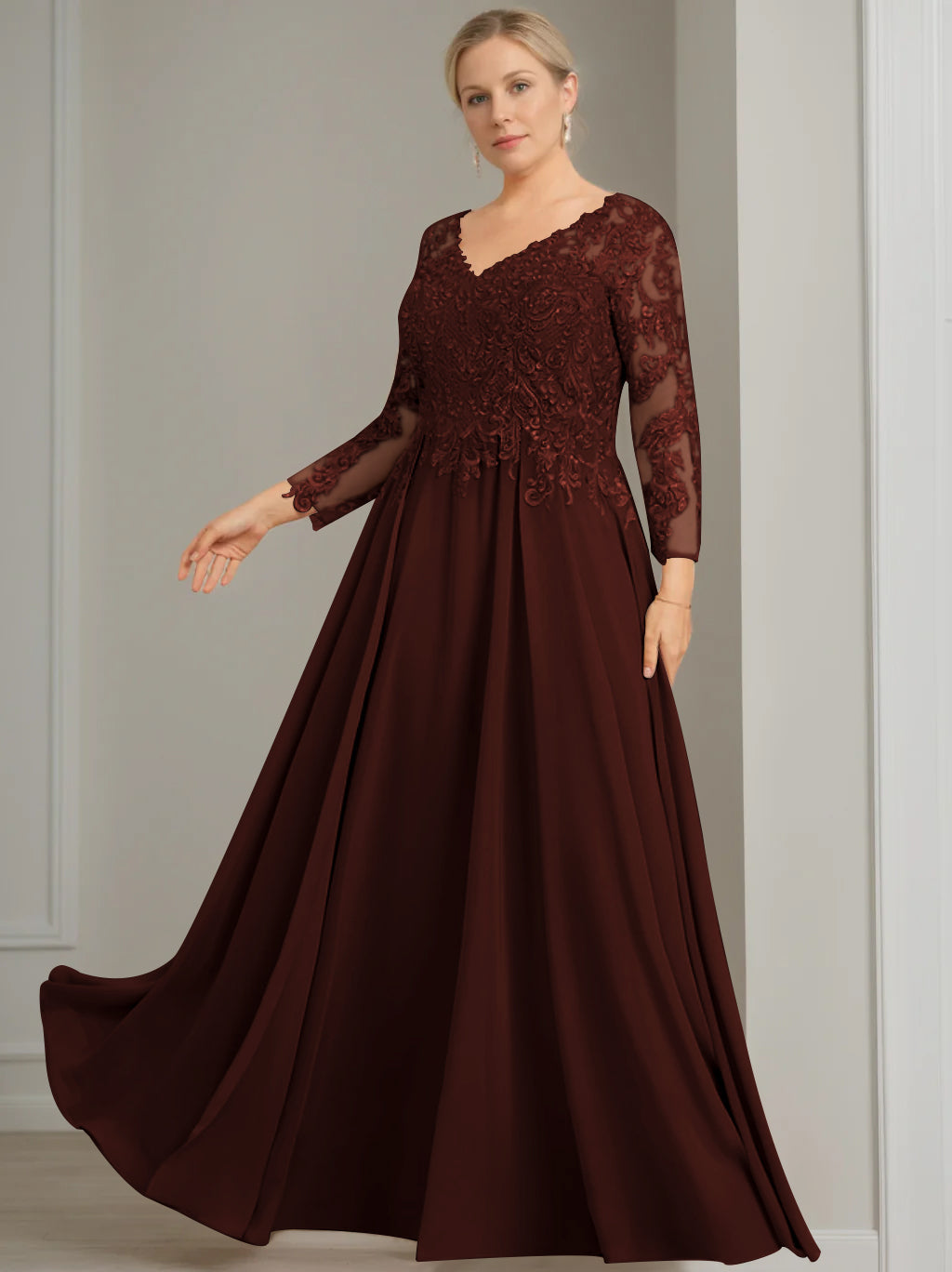 A-Line/Princess V-Neck 3/4 Length Sleeves Floor-Length Plus Size Mother of the Bride Dresses with Sequins - 이미지 23