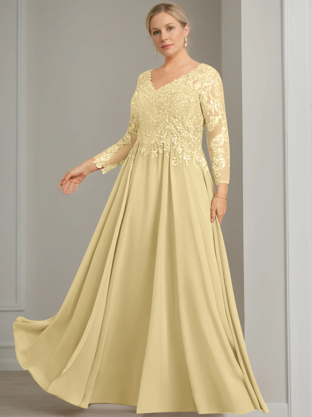 A-Line/Princess V-Neck 3/4 Length Sleeves Floor-Length Plus Size Mother of the Bride Dresses with Sequins - 이미지 25