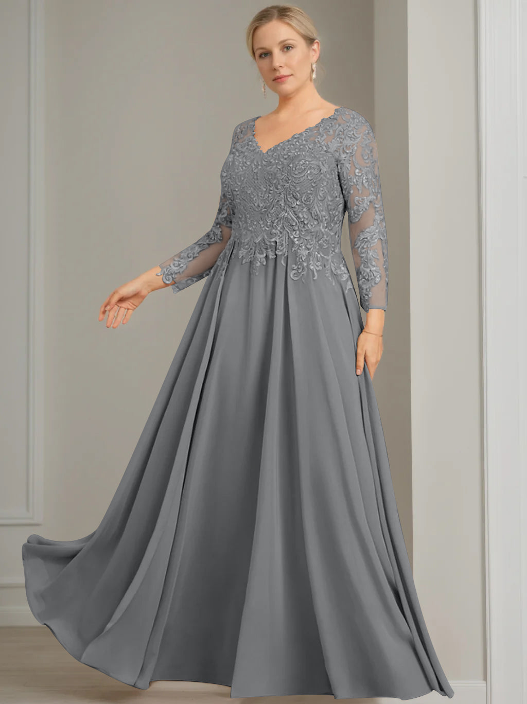 A-Line/Princess V-Neck 3/4 Length Sleeves Floor-Length Plus Size Mother of the Bride Dresses with Sequins - 이미지 7