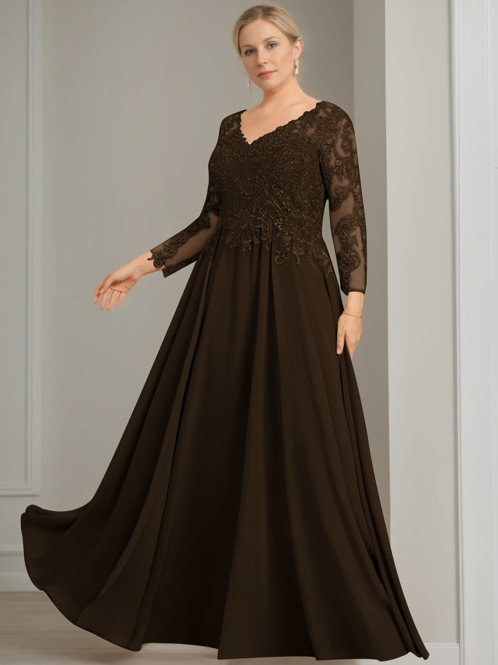 A-Line/Princess V-Neck 3/4 Length Sleeves Floor-Length Plus Size Mother of the Bride Dresses with Sequins - 이미지 8