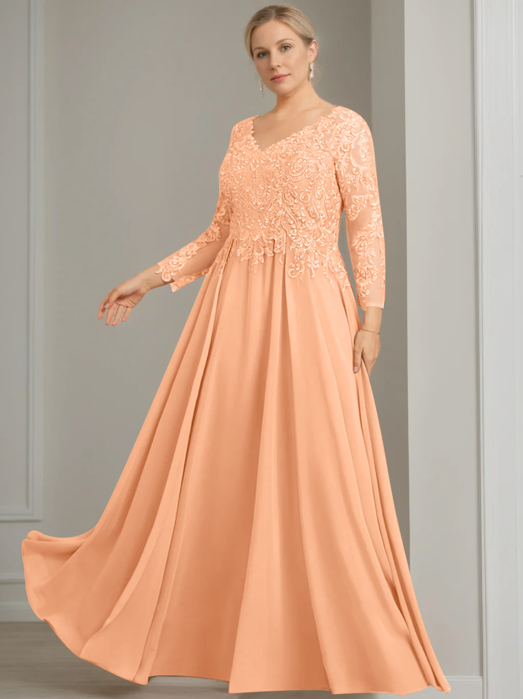 A-Line/Princess V-Neck 3/4 Length Sleeves Floor-Length Plus Size Mother of the Bride Dresses with Sequins - 이미지 46