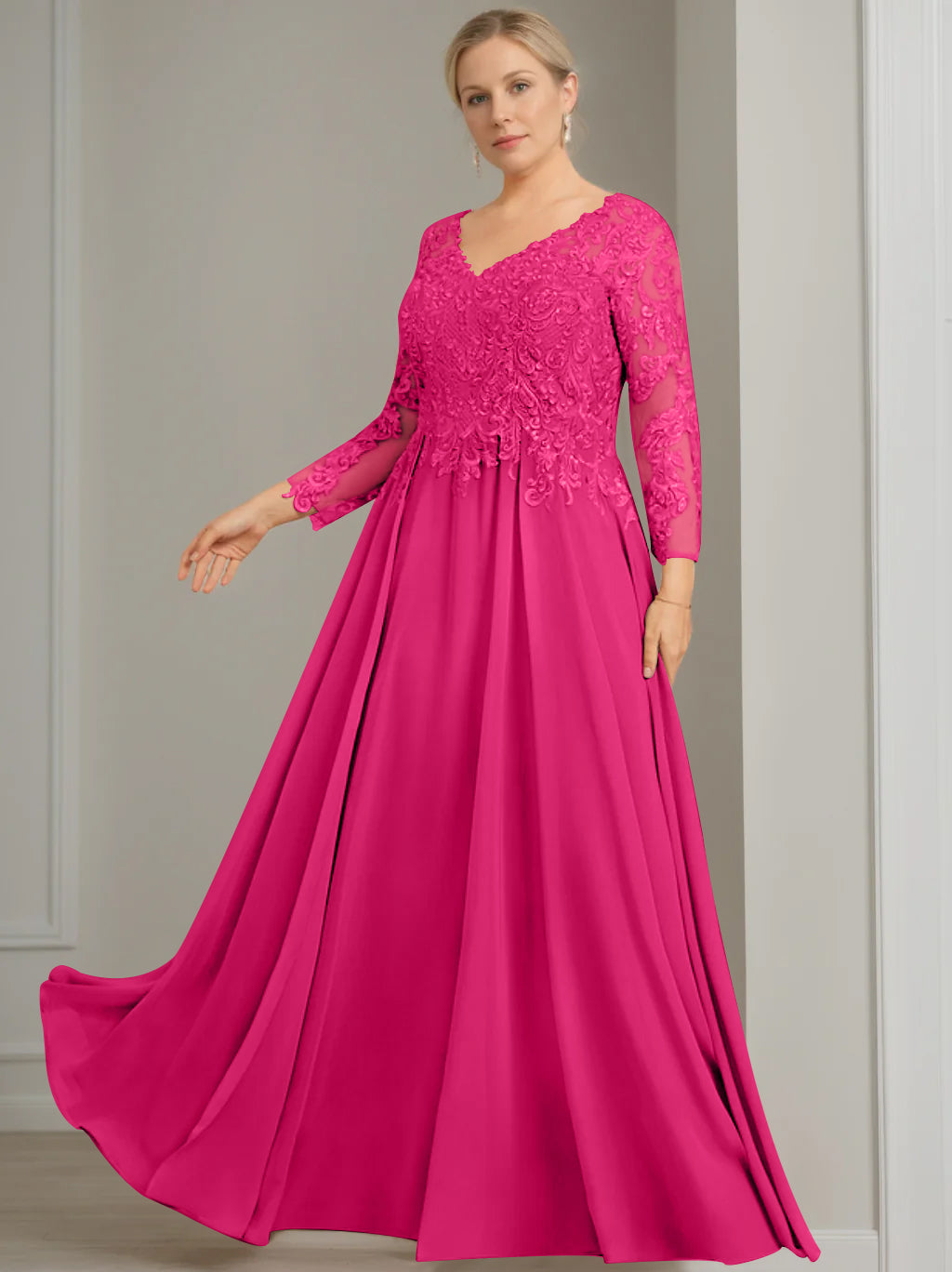 A-Line/Princess V-Neck 3/4 Length Sleeves Floor-Length Plus Size Mother of the Bride Dresses with Sequins - 이미지 35