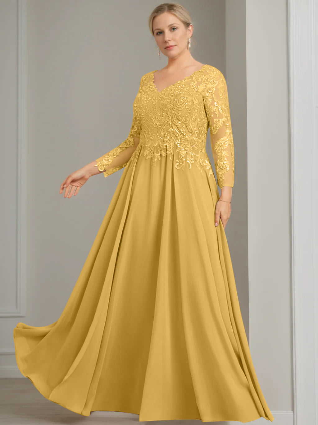 A-Line/Princess V-Neck 3/4 Length Sleeves Floor-Length Plus Size Mother of the Bride Dresses with Sequins - 이미지 21