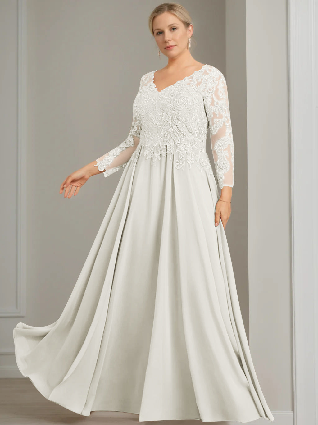 A-Line/Princess V-Neck 3/4 Length Sleeves Floor-Length Plus Size Mother of the Bride Dresses with Sequins - 이미지 16