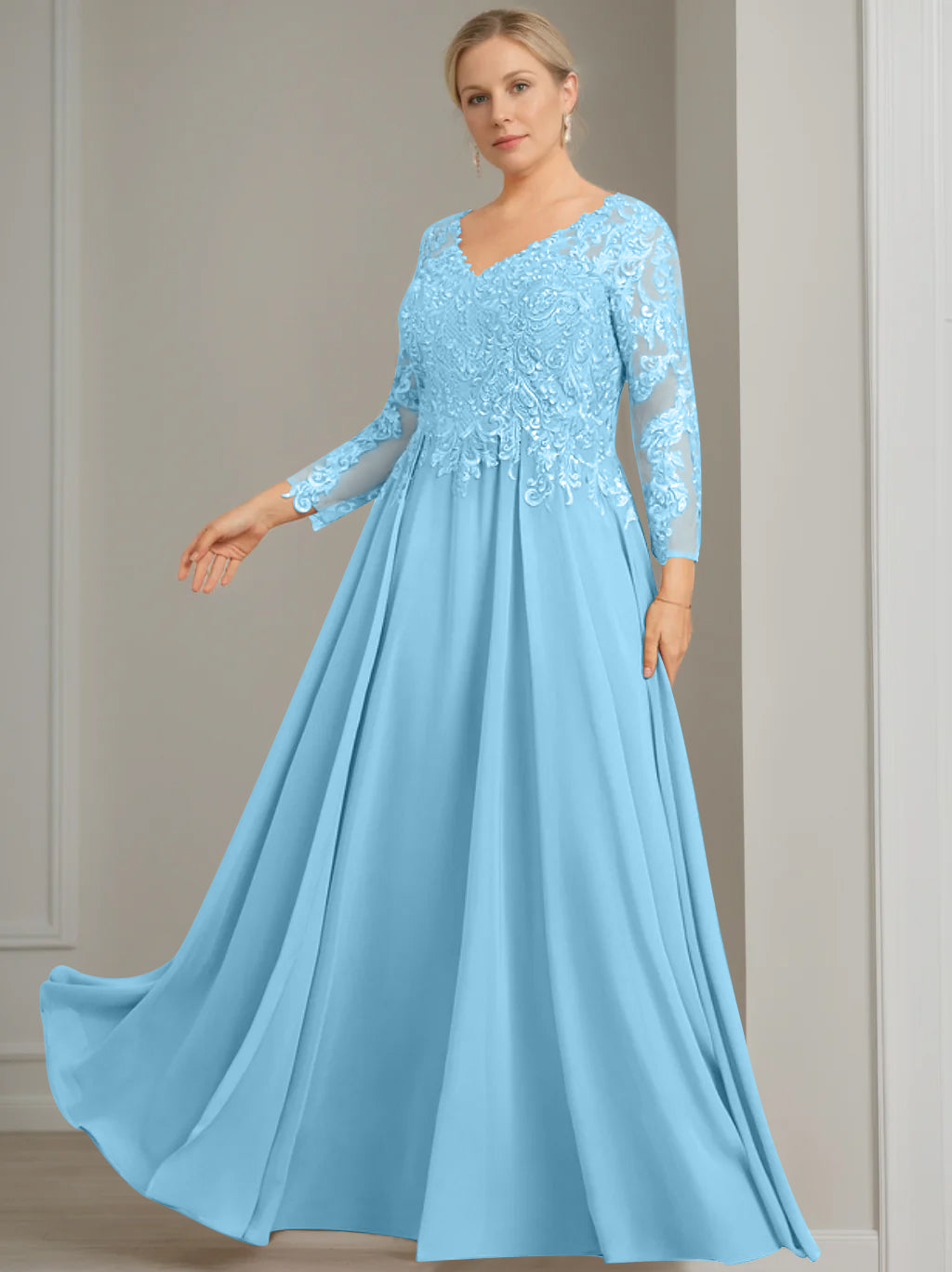 A-Line/Princess V-Neck 3/4 Length Sleeves Floor-Length Plus Size Mother of the Bride Dresses with Sequins - 이미지 32