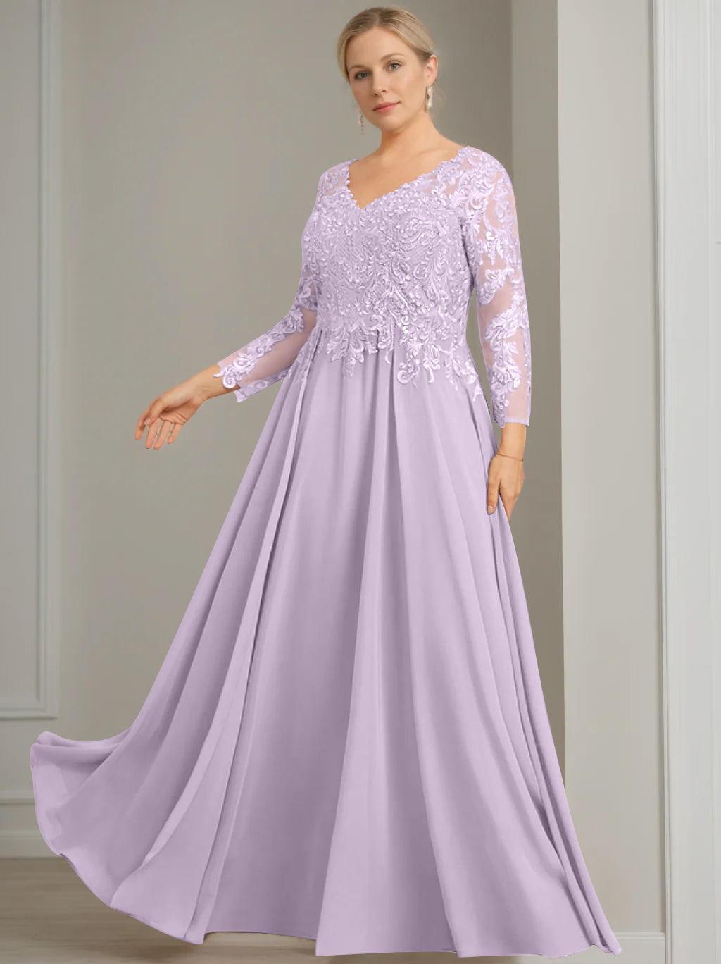 A-Line/Princess V-Neck 3/4 Length Sleeves Floor-Length Plus Size Mother of the Bride Dresses with Sequins - 이미지 13