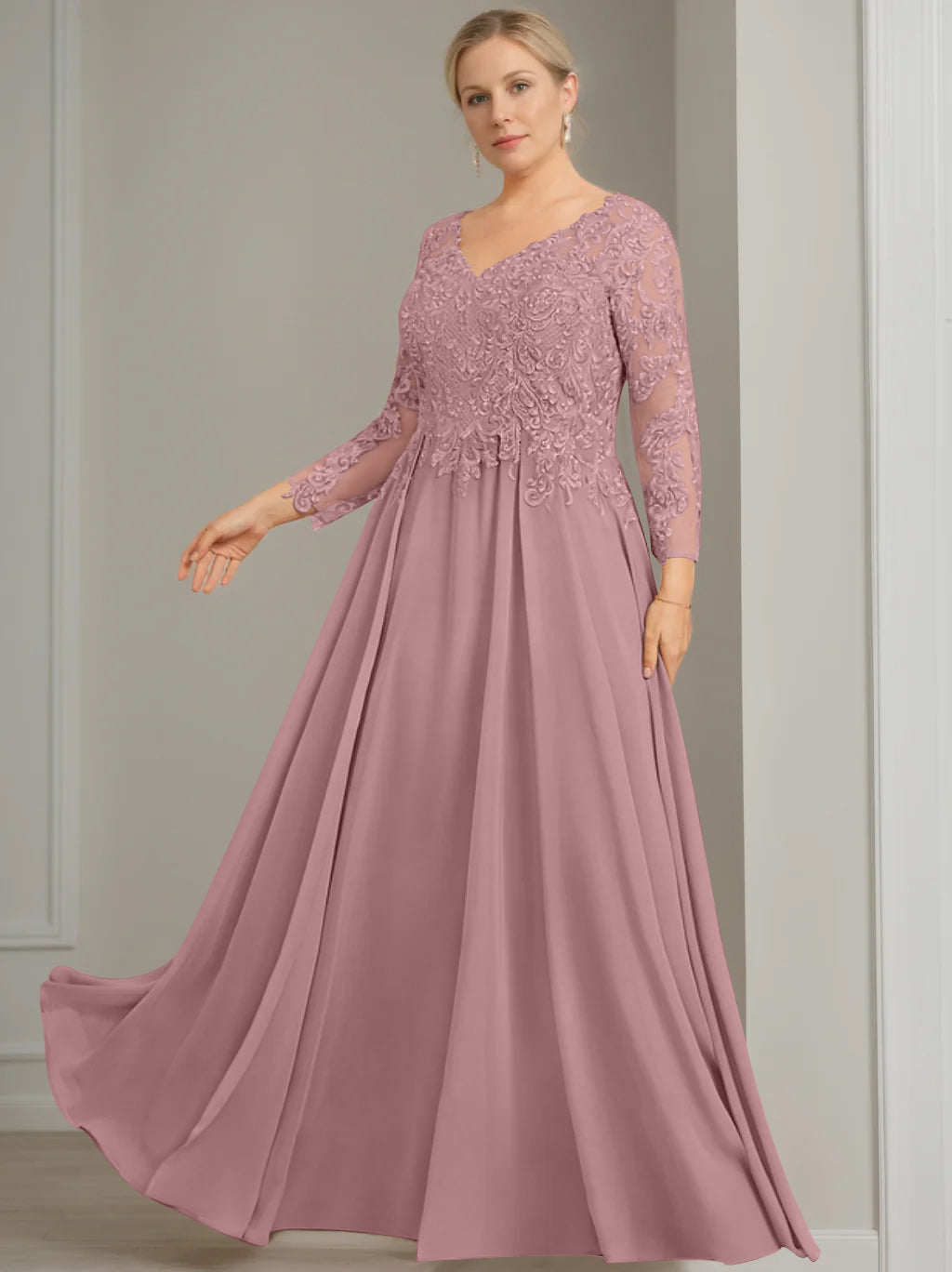 A-Line/Princess V-Neck 3/4 Length Sleeves Floor-Length Plus Size Mother of the Bride Dresses with Sequins - 이미지 6