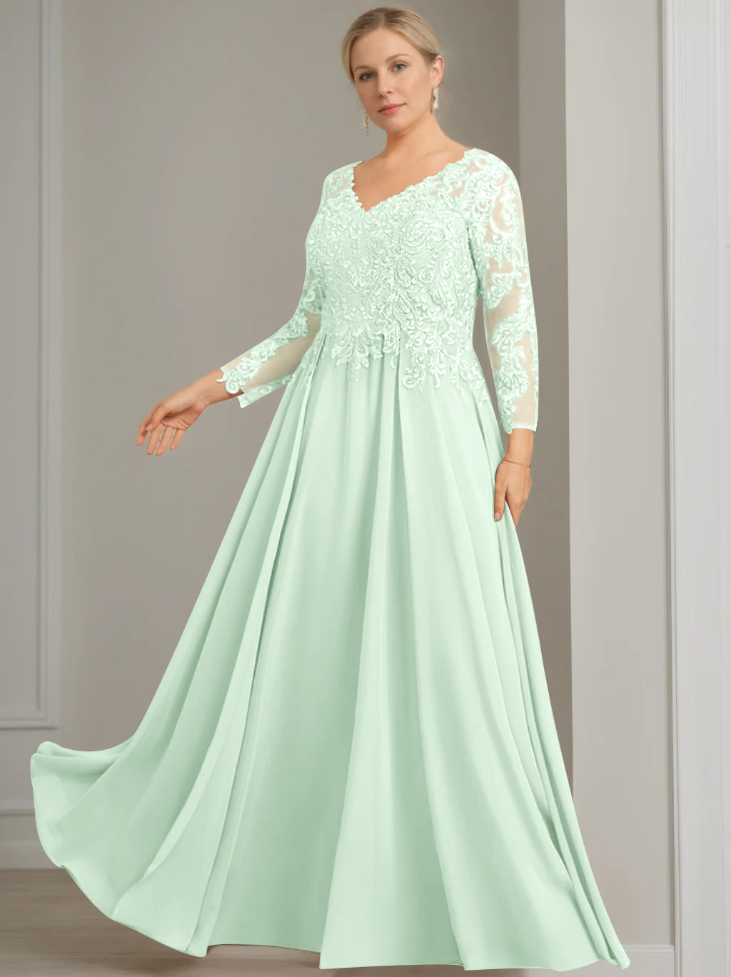 A-Line/Princess V-Neck 3/4 Length Sleeves Floor-Length Plus Size Mother of the Bride Dresses with Sequins - 이미지 51