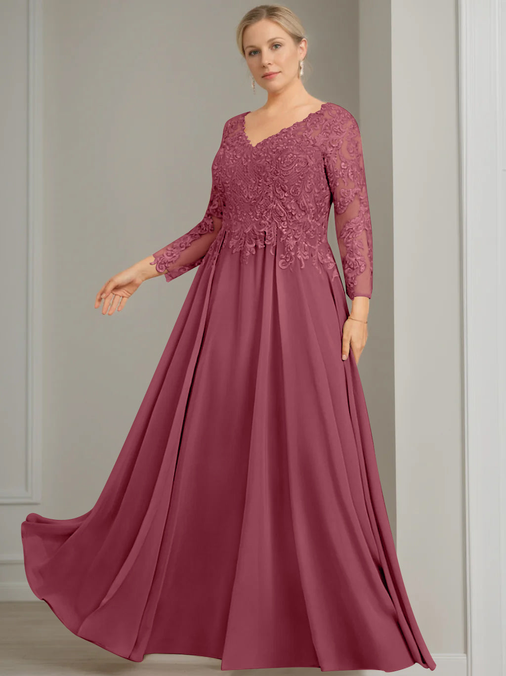 A-Line/Princess V-Neck 3/4 Length Sleeves Floor-Length Plus Size Mother of the Bride Dresses with Sequins - 이미지 15