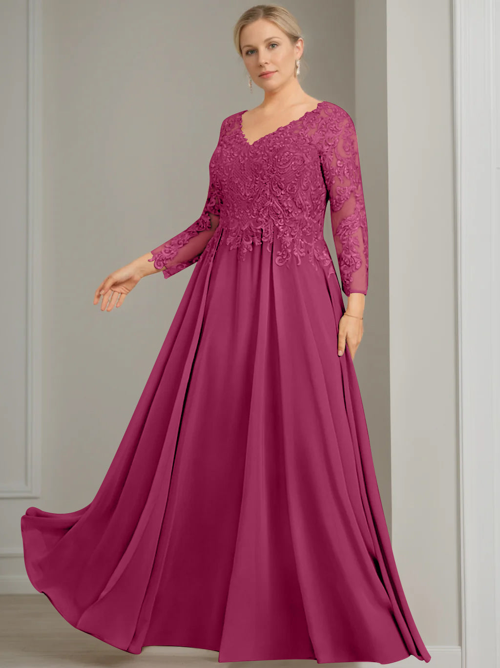 A-Line/Princess V-Neck 3/4 Length Sleeves Floor-Length Plus Size Mother of the Bride Dresses with Sequins - 이미지 20