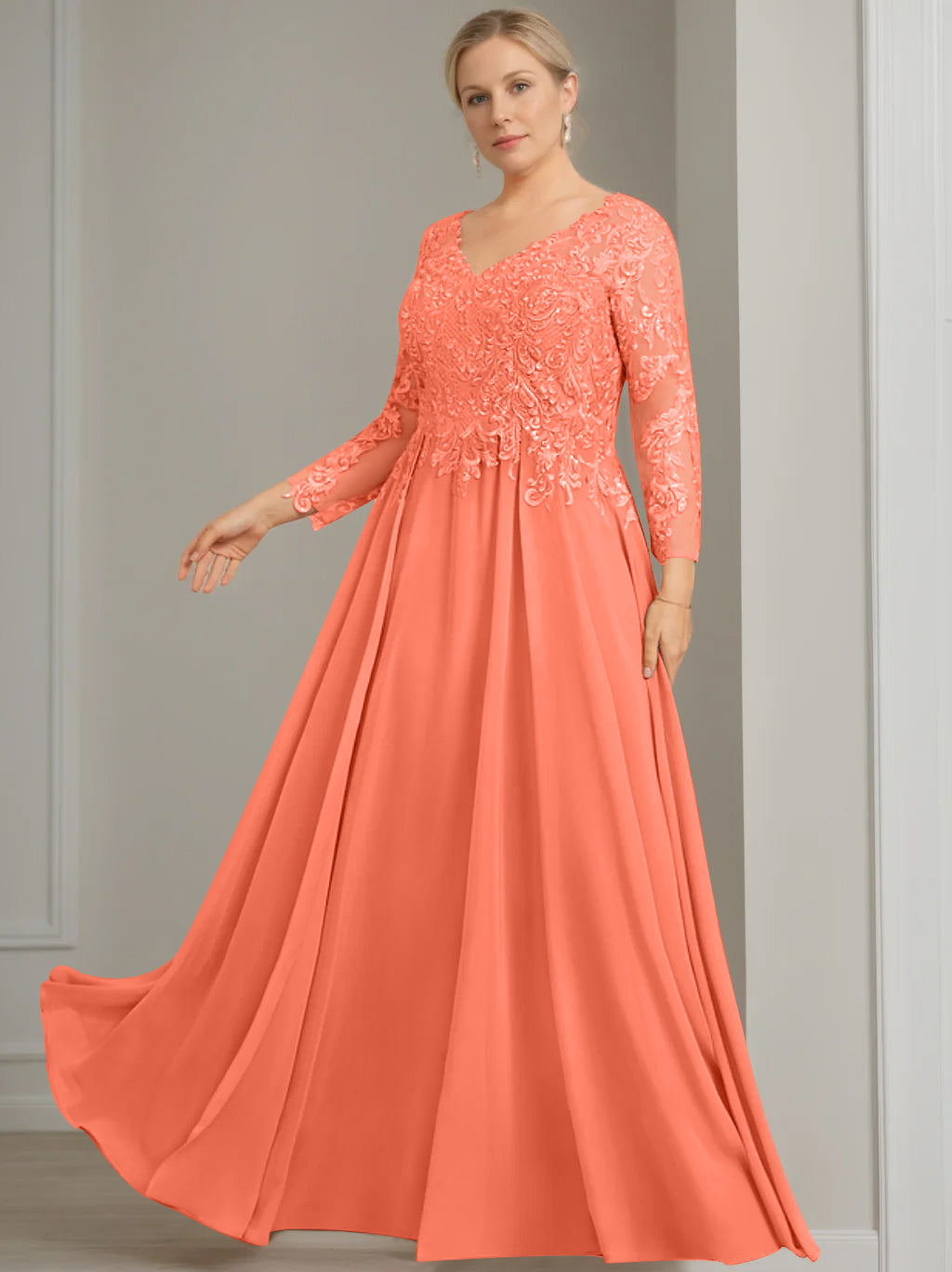 A-Line/Princess V-Neck 3/4 Length Sleeves Floor-Length Plus Size Mother of the Bride Dresses with Sequins - 이미지 40