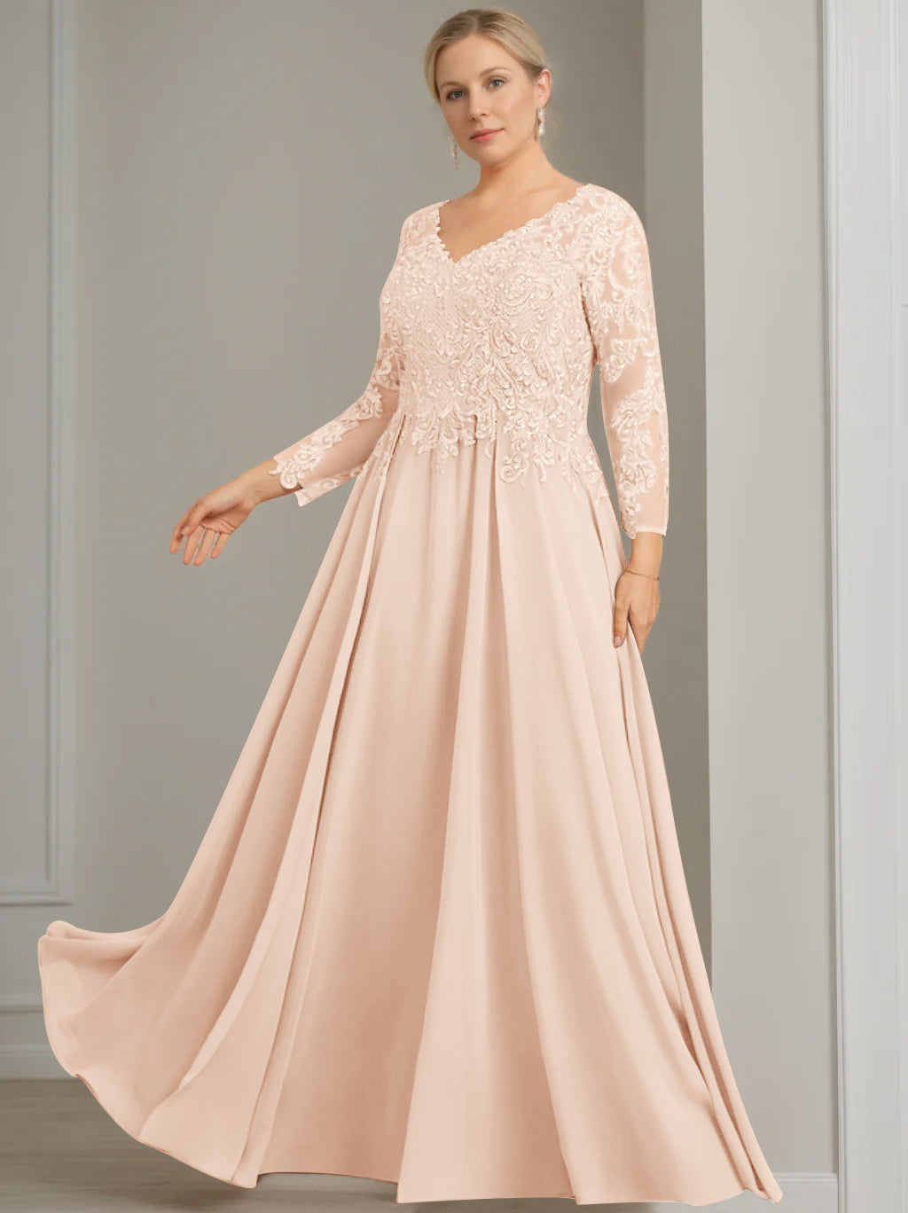 A-Line/Princess V-Neck 3/4 Length Sleeves Floor-Length Plus Size Mother of the Bride Dresses with Sequins - 이미지 30