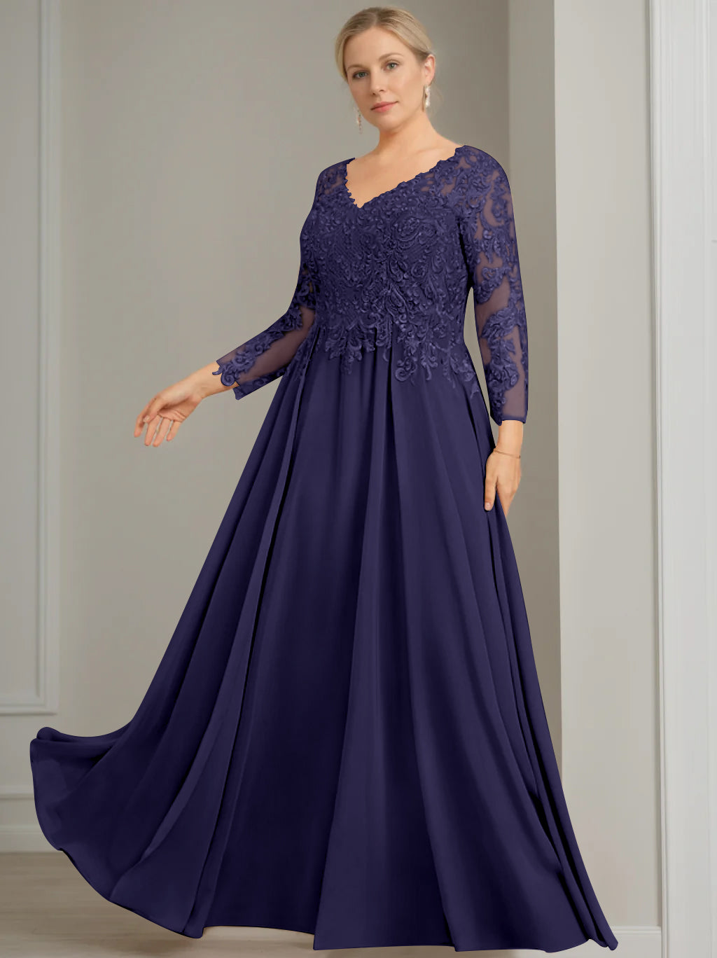 A-Line/Princess V-Neck 3/4 Length Sleeves Floor-Length Plus Size Mother of the Bride Dresses with Sequins - 이미지 28
