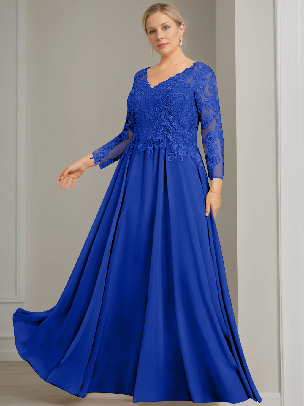 A-Line/Princess V-Neck 3/4 Length Sleeves Floor-Length Plus Size Mother of the Bride Dresses with Sequins - 이미지 55