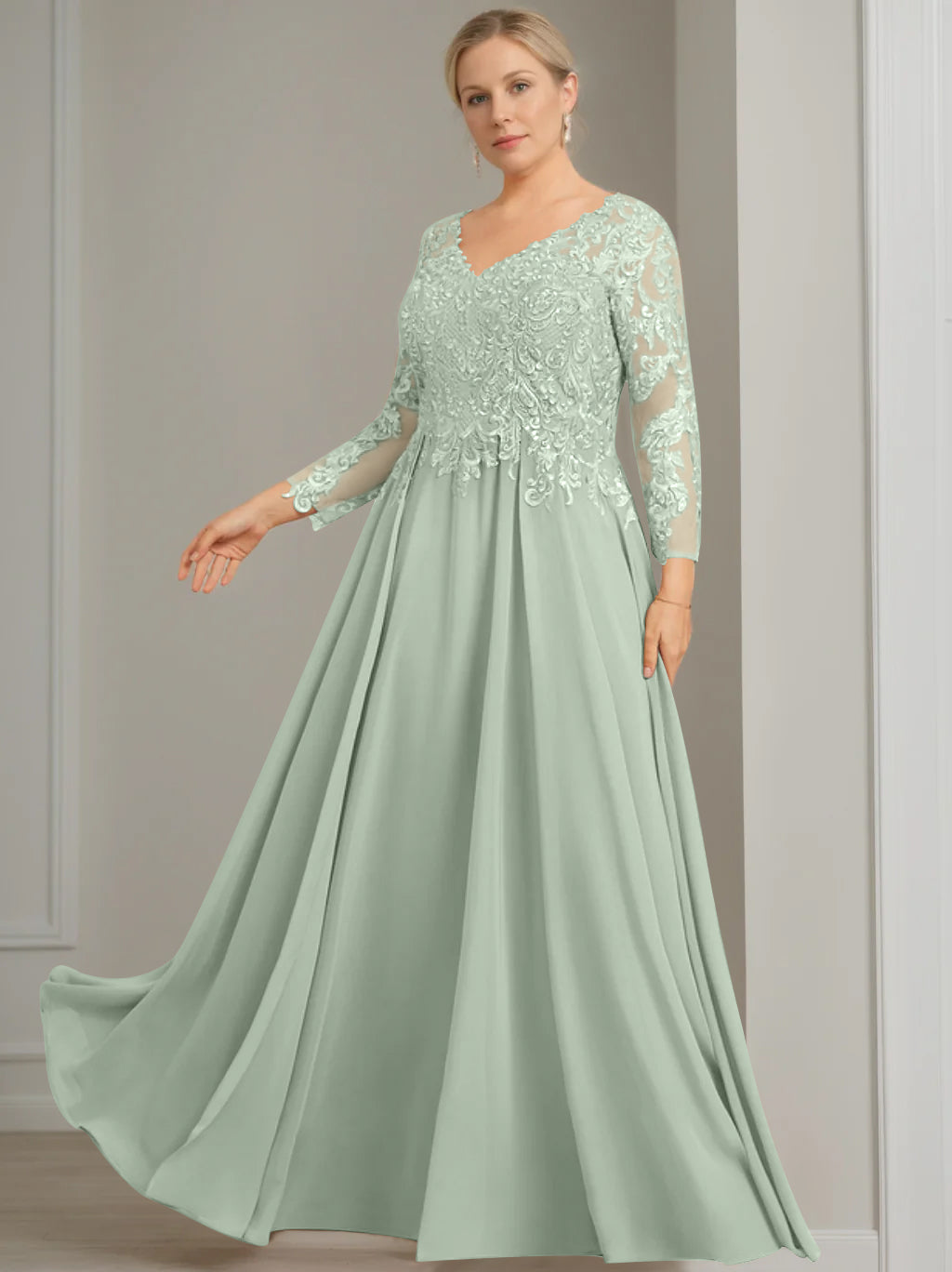 A-Line/Princess V-Neck 3/4 Length Sleeves Floor-Length Plus Size Mother of the Bride Dresses with Sequins - 이미지 10
