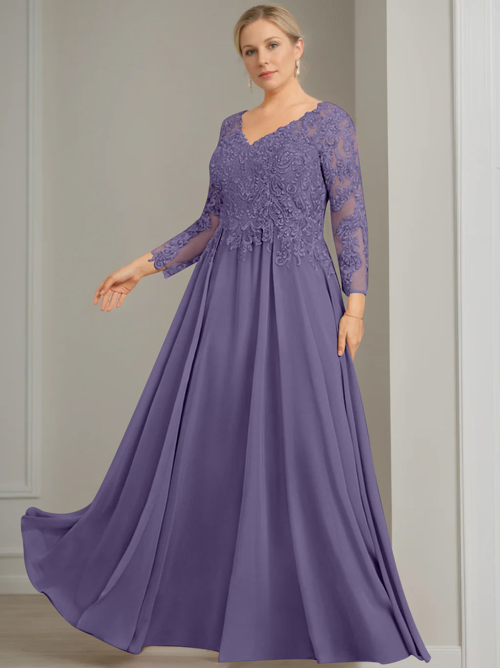 A-Line/Princess V-Neck 3/4 Length Sleeves Floor-Length Plus Size Mother of the Bride Dresses with Sequins - 이미지 14