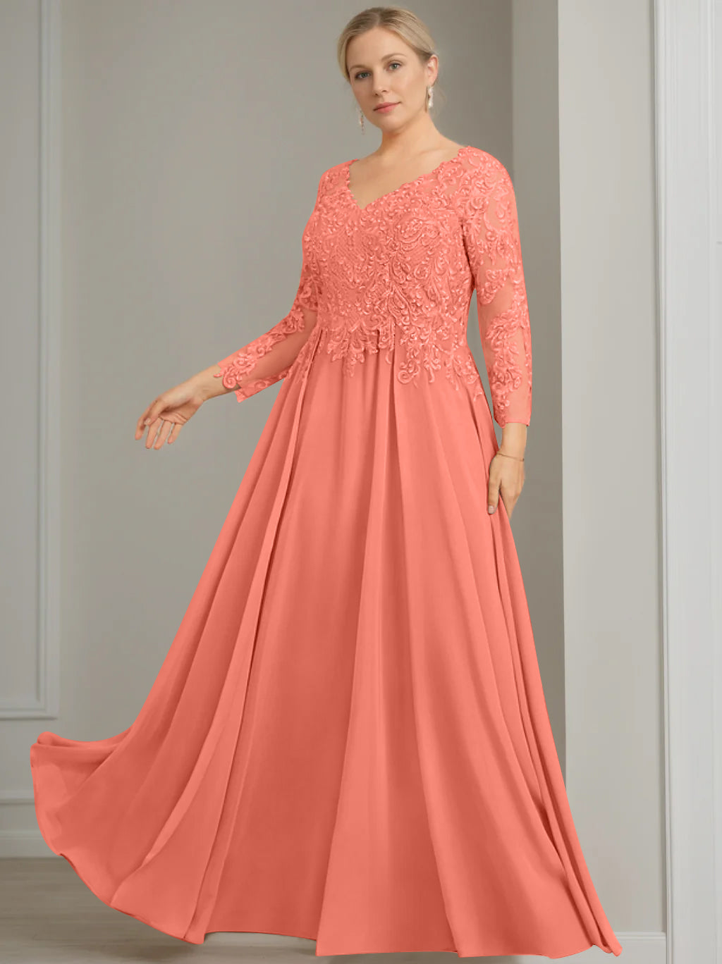 A-Line/Princess V-Neck 3/4 Length Sleeves Floor-Length Plus Size Mother of the Bride Dresses with Sequins - 이미지 41