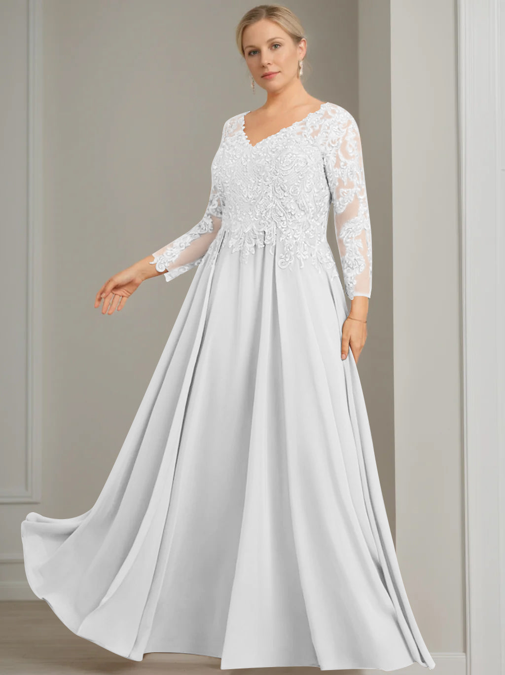 A-Line/Princess V-Neck 3/4 Length Sleeves Floor-Length Plus Size Mother of the Bride Dresses with Sequins - 이미지 4