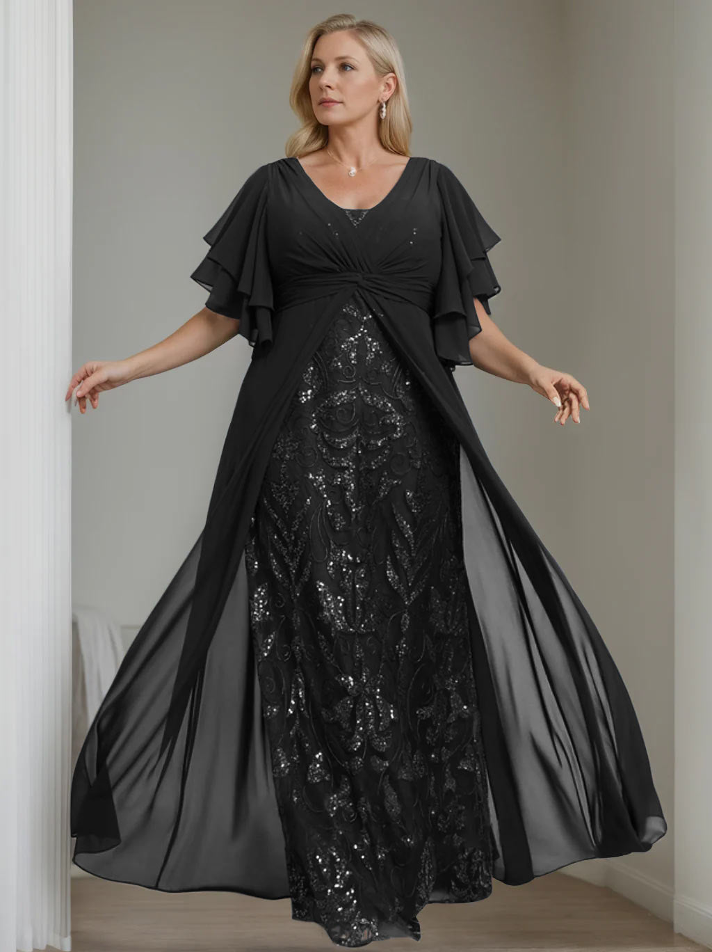 A-Line/Princess V-Neck Half Sleeves Floor-Length Plus Size Mother of the Bride Dresses with Pleated - 이미지 3