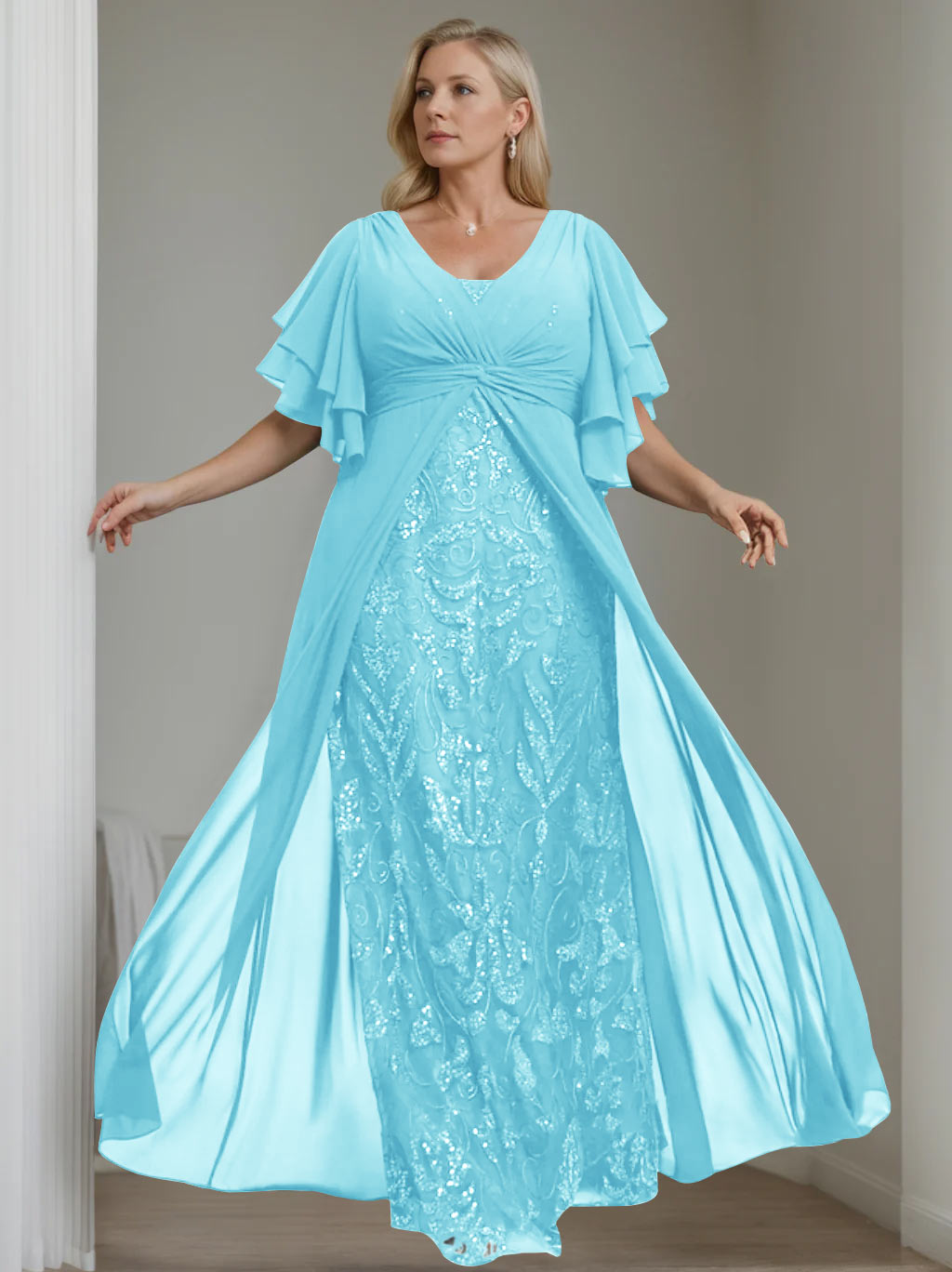 A-Line/Princess V-Neck Half Sleeves Floor-Length Plus Size Mother of the Bride Dresses with Pleated - 이미지 4