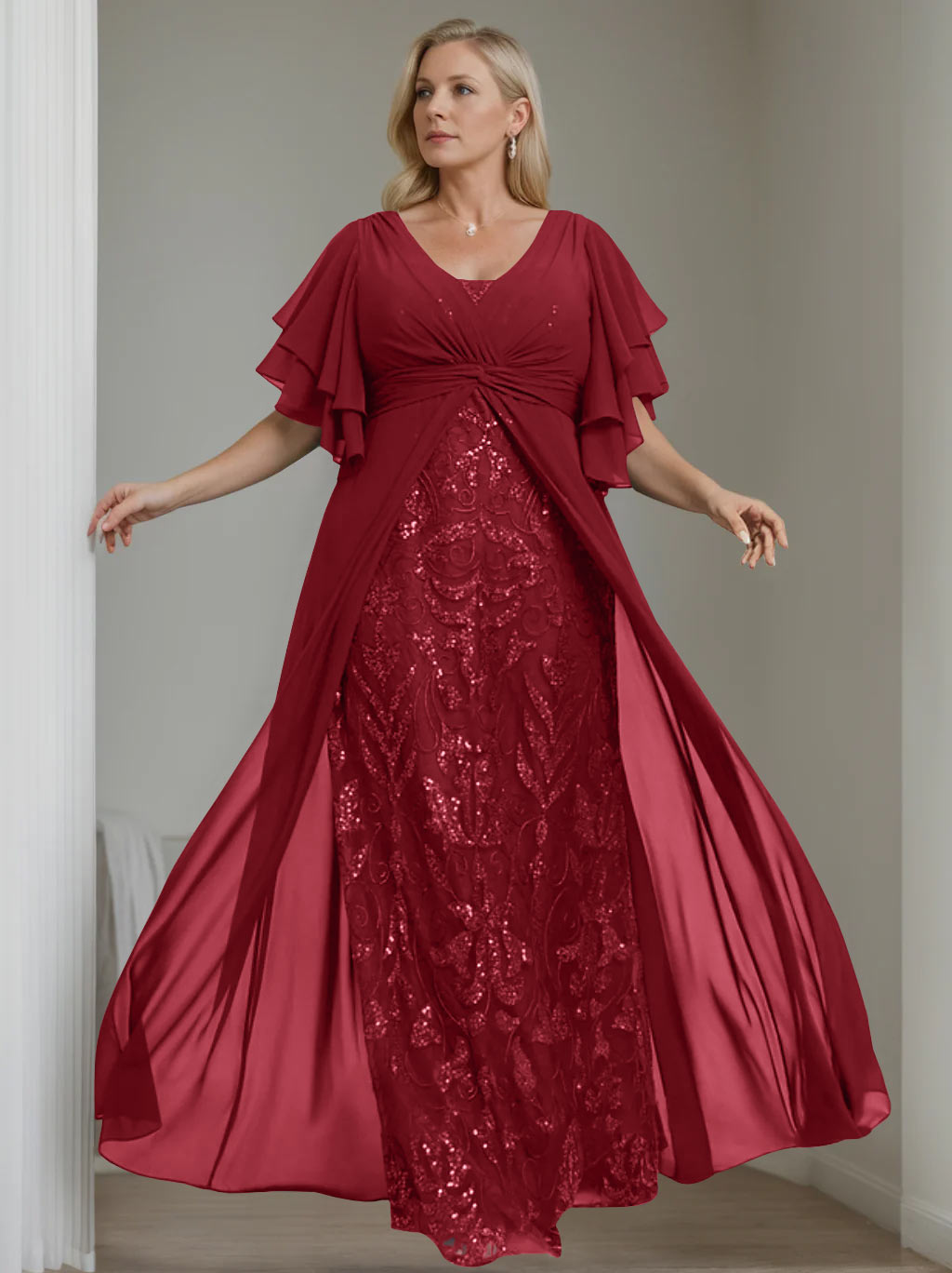 A-Line/Princess V-Neck Half Sleeves Floor-Length Plus Size Mother of the Bride Dresses with Pleated - 이미지 5