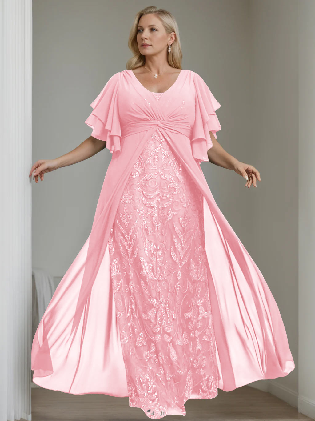 A-Line/Princess V-Neck Half Sleeves Floor-Length Plus Size Mother of the Bride Dresses with Pleated - 이미지 7