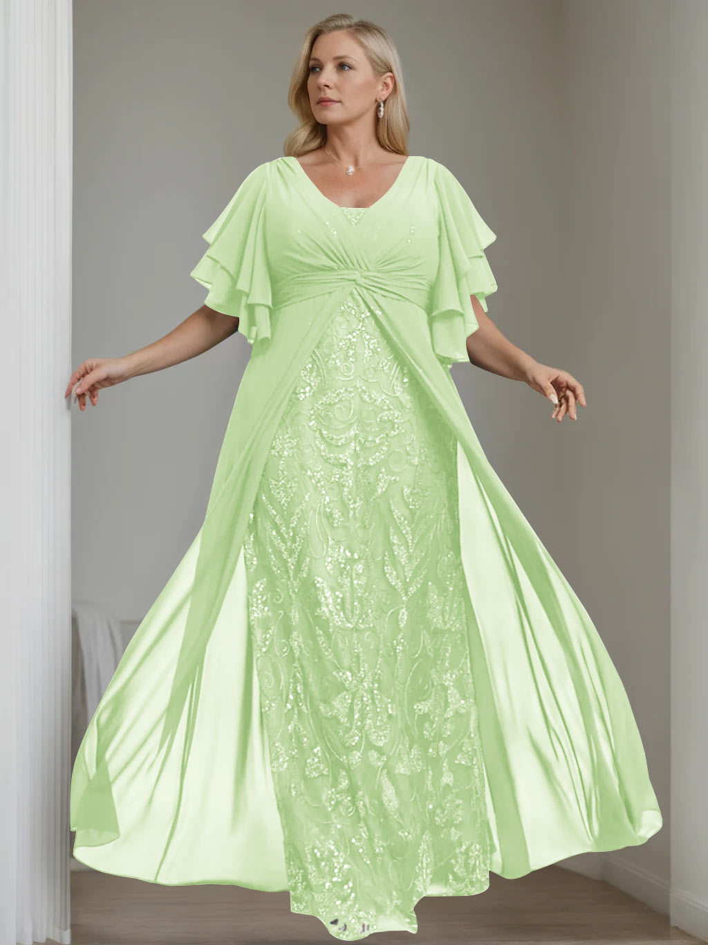 A-Line/Princess V-Neck Half Sleeves Floor-Length Plus Size Mother of the Bride Dresses with Pleated - 이미지 8