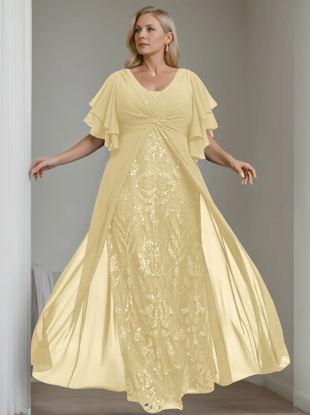 A-Line/Princess V-Neck Half Sleeves Floor-Length Plus Size Mother of the Bride Dresses with Pleated - 이미지 9