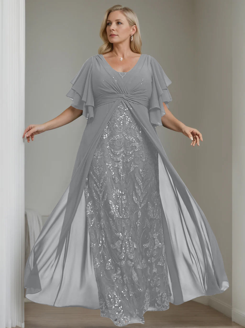 A-Line/Princess V-Neck Half Sleeves Floor-Length Plus Size Mother of the Bride Dresses with Pleated - 이미지 10