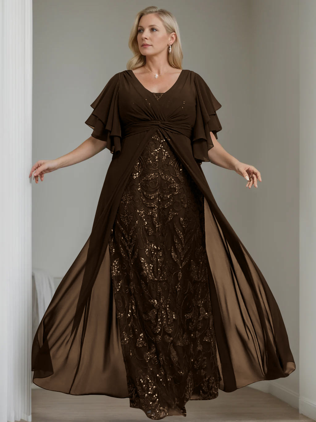A-Line/Princess V-Neck Half Sleeves Floor-Length Plus Size Mother of the Bride Dresses with Pleated - 이미지 14