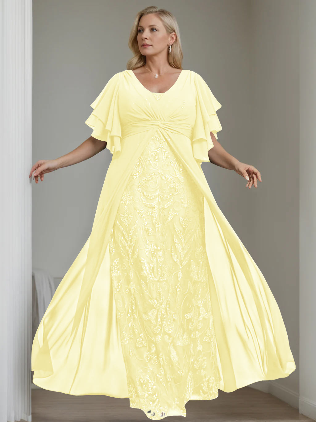 A-Line/Princess V-Neck Half Sleeves Floor-Length Plus Size Mother of the Bride Dresses with Pleated - 이미지 16
