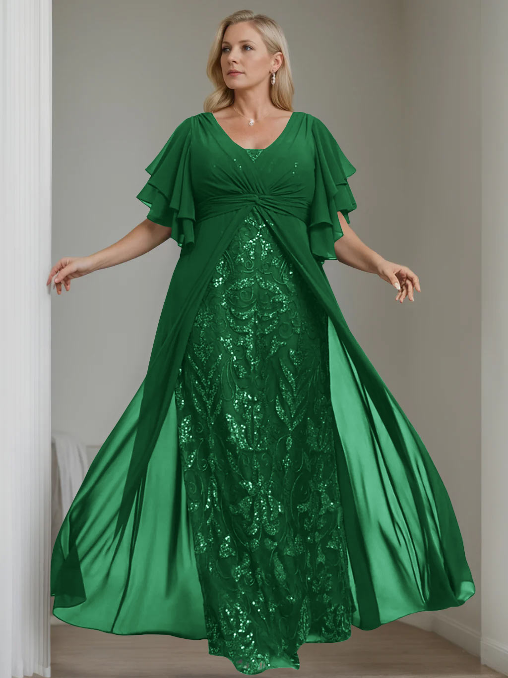 A-Line/Princess V-Neck Half Sleeves Floor-Length Plus Size Mother of the Bride Dresses with Pleated - 이미지 17