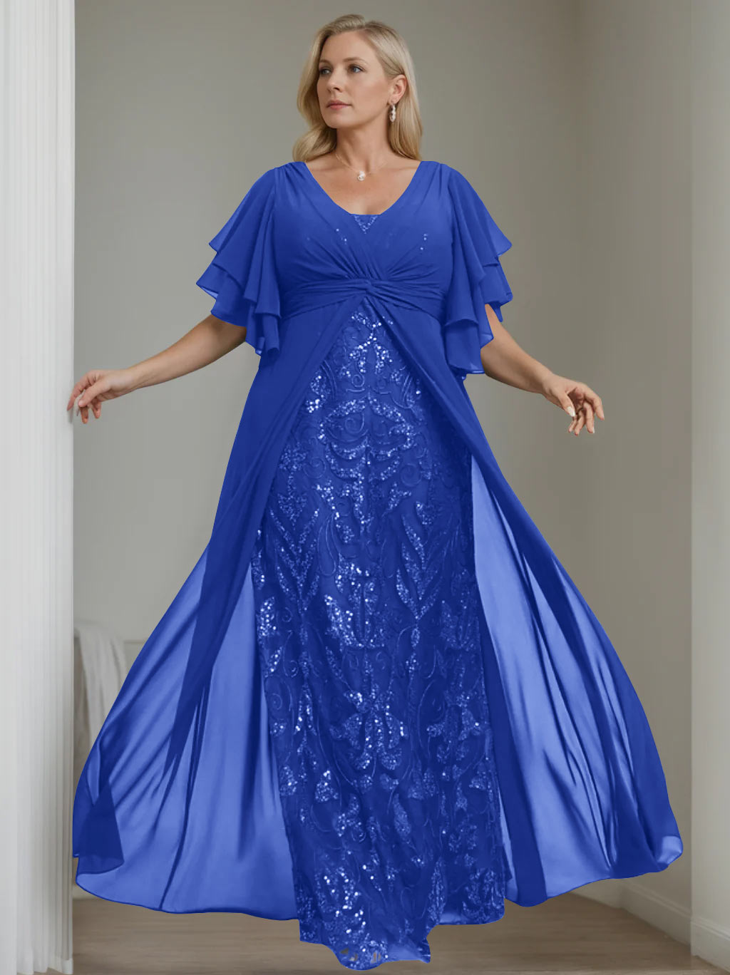 A-Line/Princess V-Neck Half Sleeves Floor-Length Plus Size Mother of the Bride Dresses with Pleated - 이미지 18