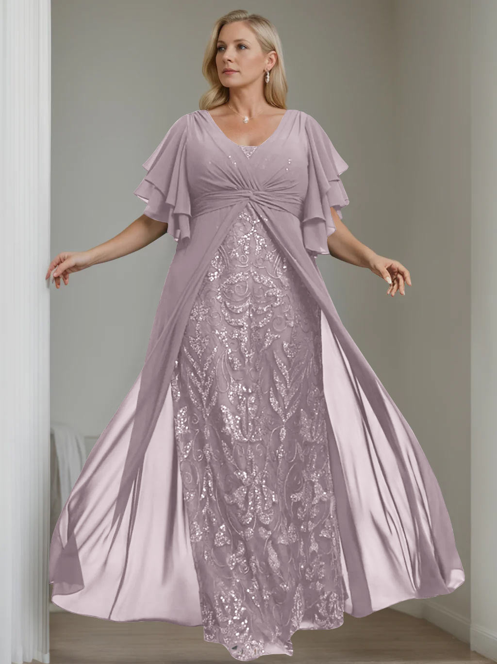 A-Line/Princess V-Neck Half Sleeves Floor-Length Plus Size Mother of the Bride Dresses with Pleated - 이미지 19