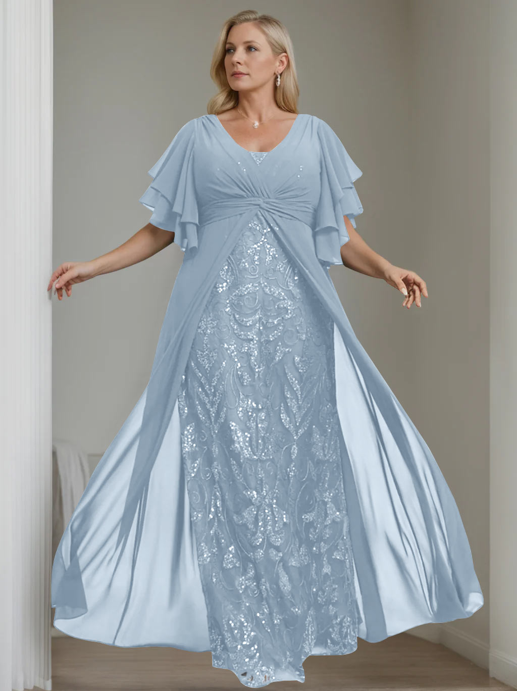 A-Line/Princess V-Neck Half Sleeves Floor-Length Plus Size Mother of the Bride Dresses with Pleated - 이미지 20