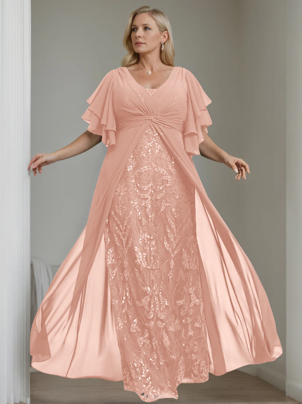 A-Line/Princess V-Neck Half Sleeves Floor-Length Plus Size Mother of the Bride Dresses with Pleated - 이미지 21