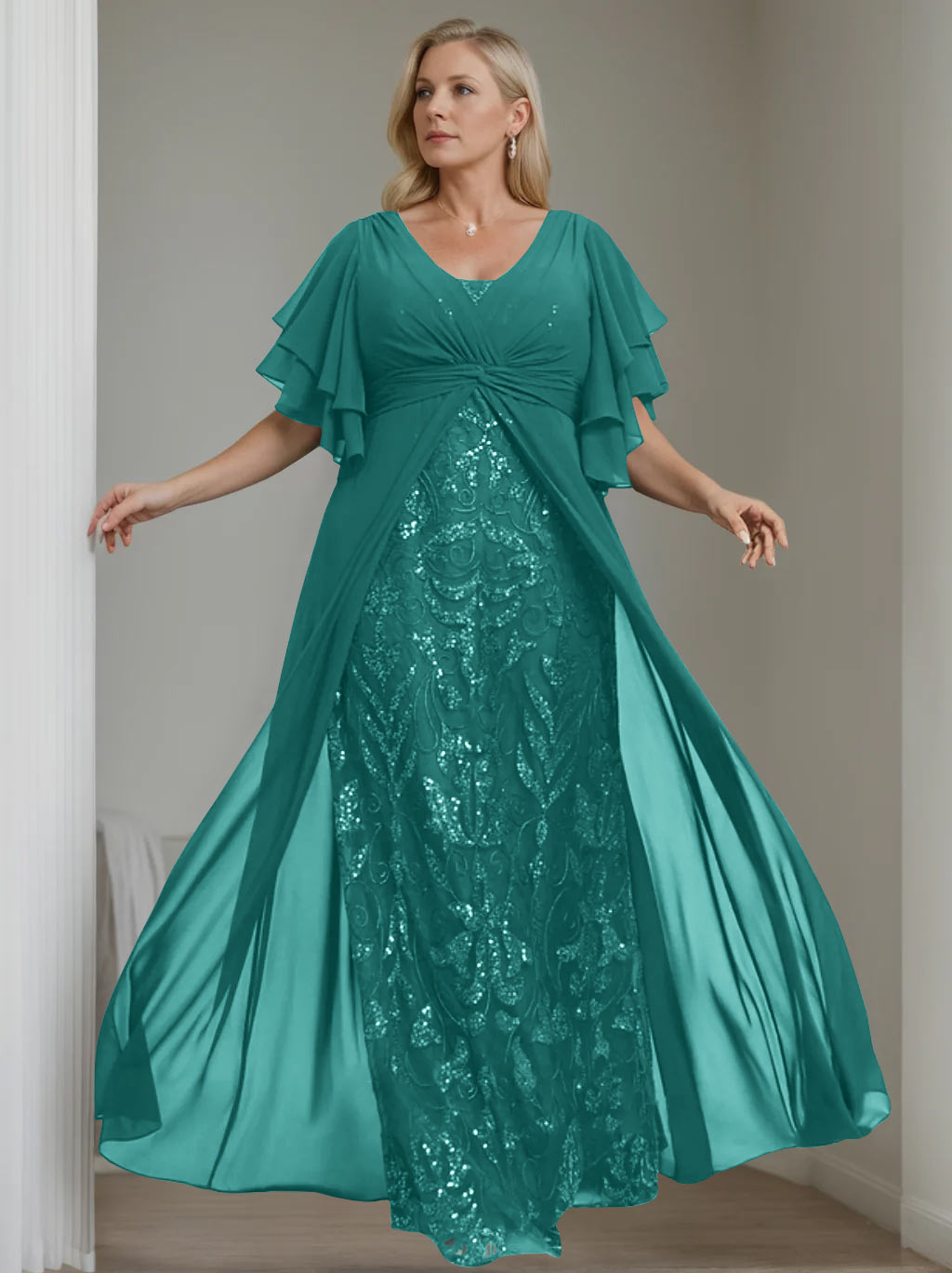 A-Line/Princess V-Neck Half Sleeves Floor-Length Plus Size Mother of the Bride Dresses with Pleated - 이미지 22