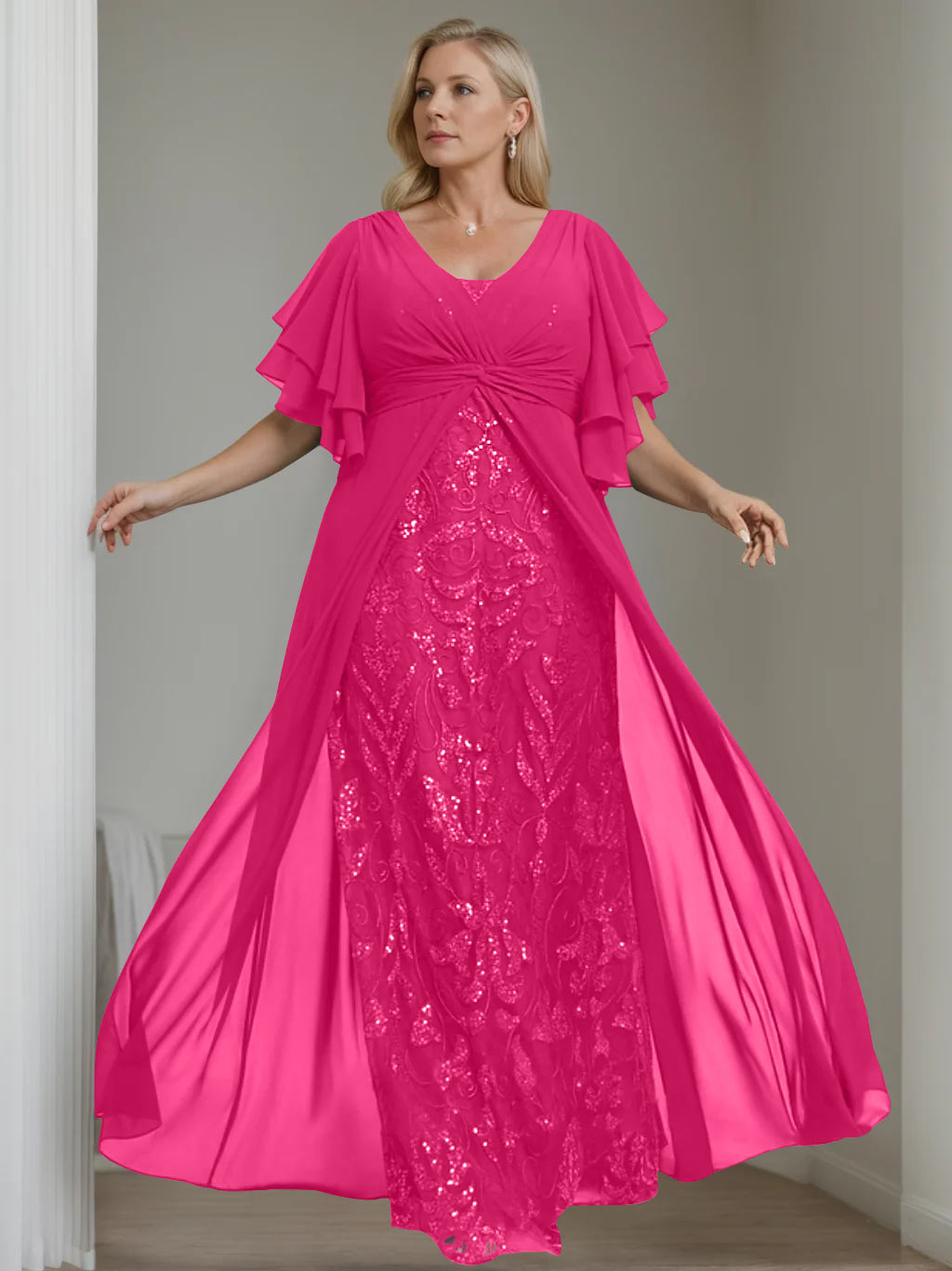 A-Line/Princess V-Neck Half Sleeves Floor-Length Plus Size Mother of the Bride Dresses with Pleated - 이미지 23