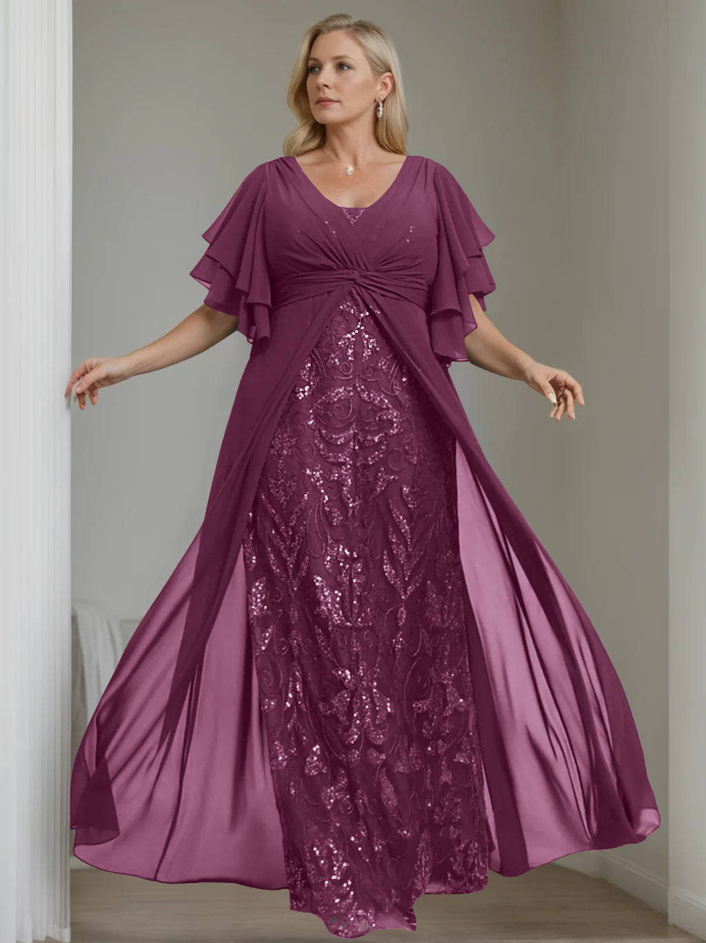 A-Line/Princess V-Neck Half Sleeves Floor-Length Plus Size Mother of the Bride Dresses with Pleated - 이미지 25