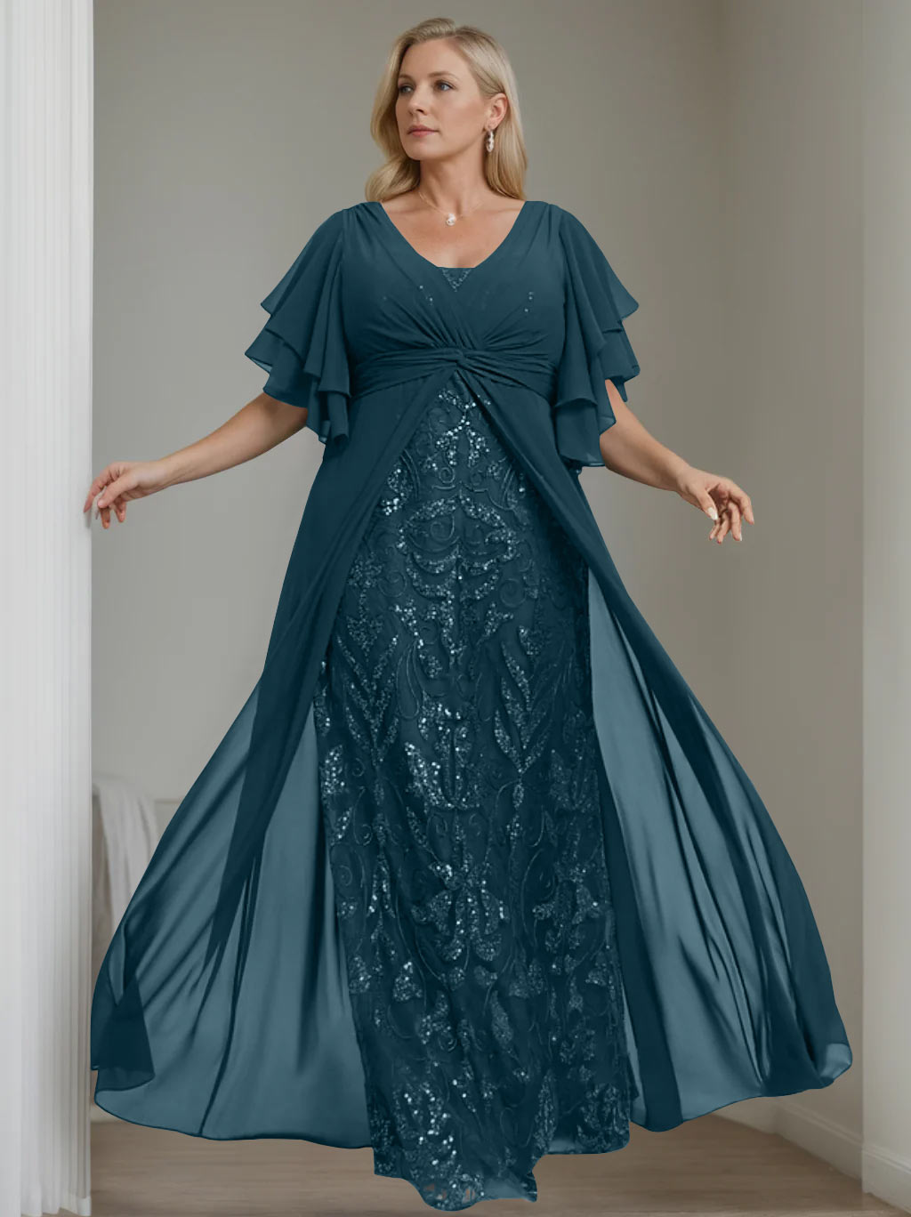 A-Line/Princess V-Neck Half Sleeves Floor-Length Plus Size Mother of the Bride Dresses with Pleated - 이미지 27