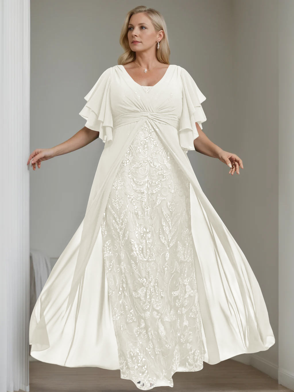 A-Line/Princess V-Neck Half Sleeves Floor-Length Plus Size Mother of the Bride Dresses with Pleated - 이미지 11