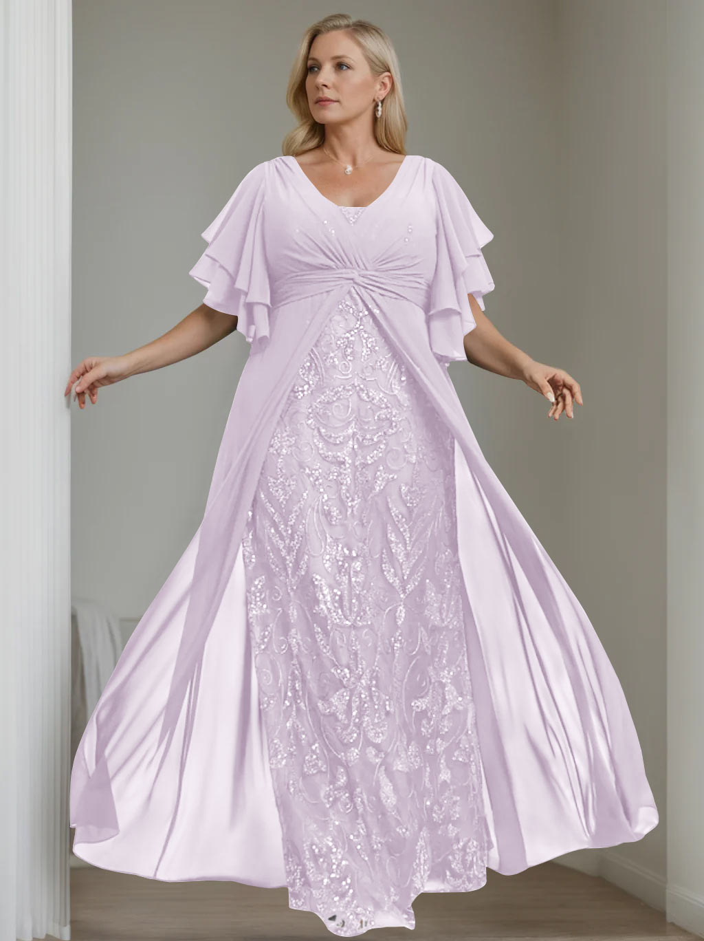 A-Line/Princess V-Neck Half Sleeves Floor-Length Plus Size Mother of the Bride Dresses with Pleated - 이미지 30