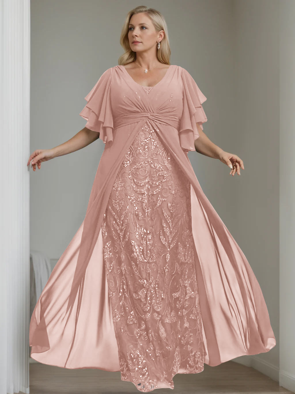 A-Line/Princess V-Neck Half Sleeves Floor-Length Plus Size Mother of the Bride Dresses with Pleated - 이미지 31