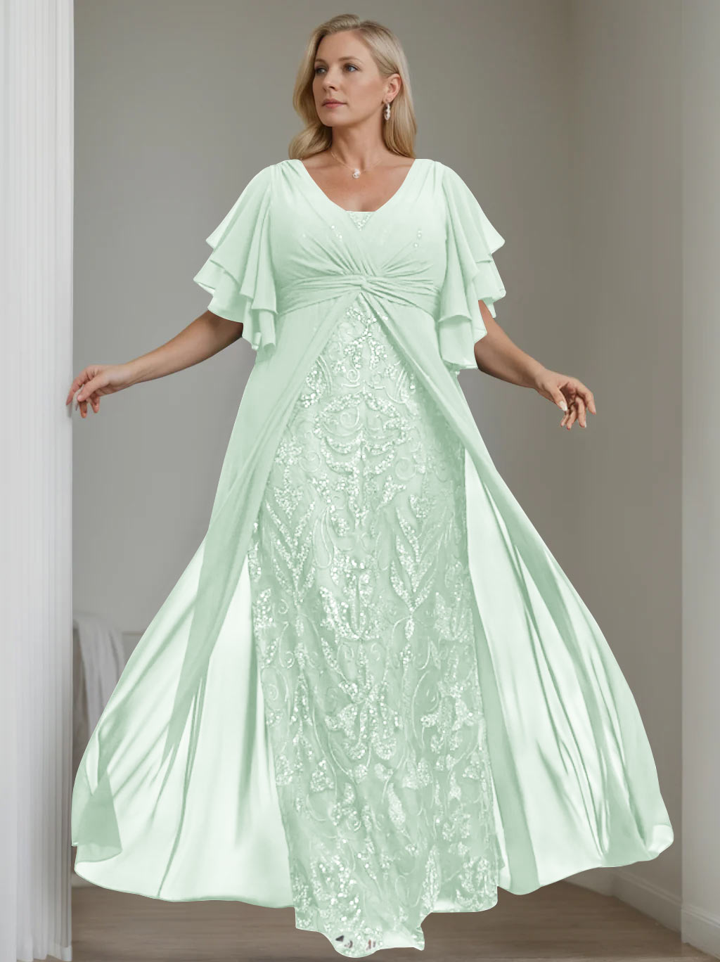 A-Line/Princess V-Neck Half Sleeves Floor-Length Plus Size Mother of the Bride Dresses with Pleated - 이미지 12