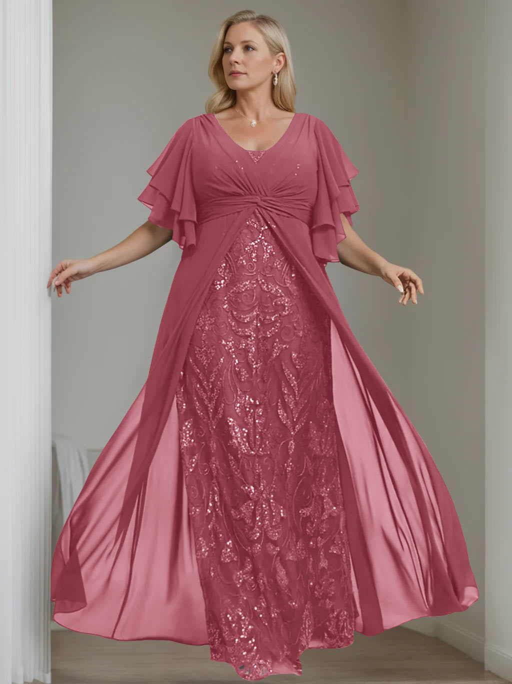 A-Line/Princess V-Neck Half Sleeves Floor-Length Plus Size Mother of the Bride Dresses with Pleated - 이미지 32